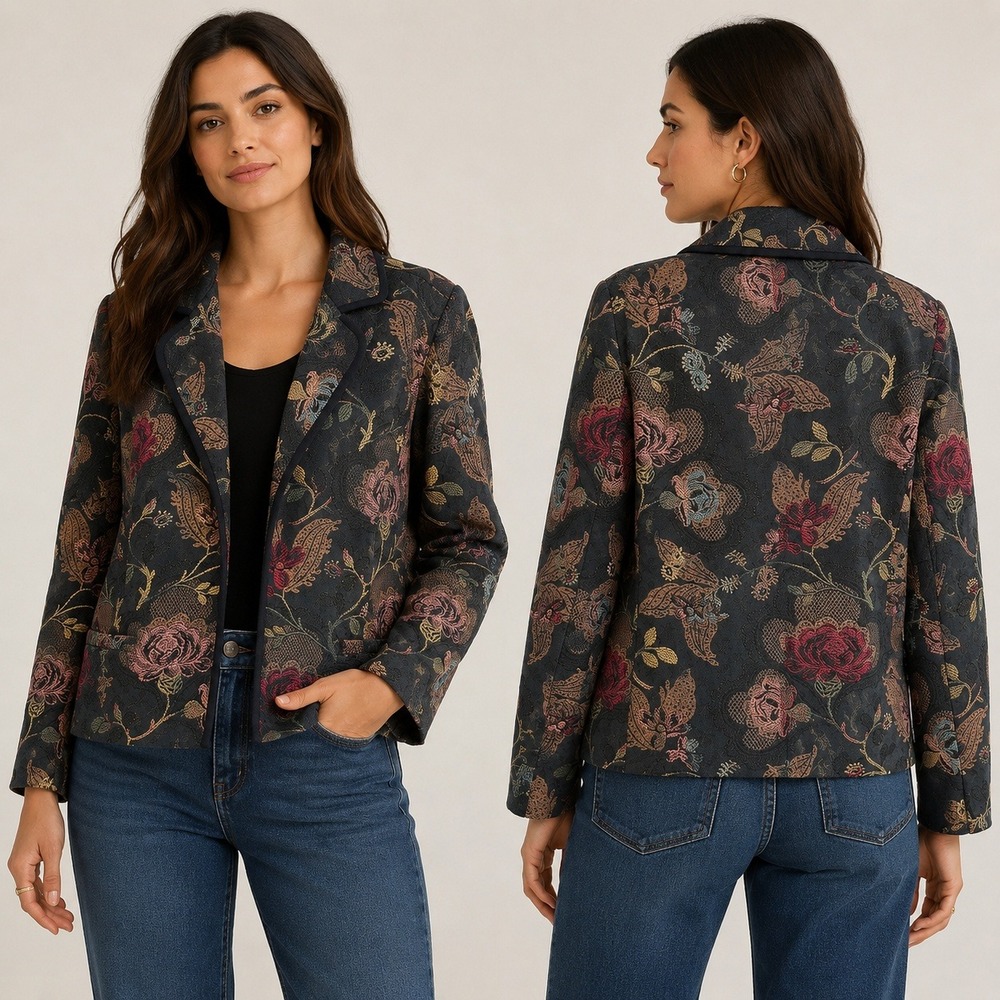 Coldwater Creek Womens XL Floral Tapestry Jacket Black Open Front Jacquard